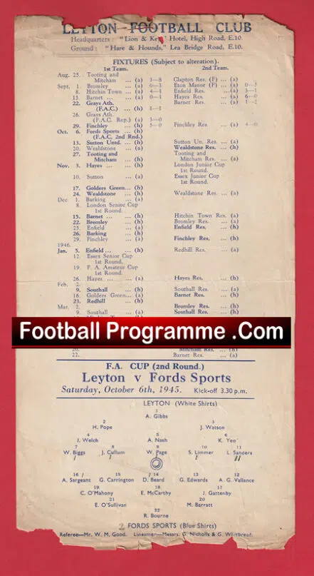 Leyton v Ford Sports 1945 – Rare Single Sheet Football Programme