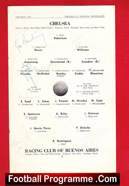 Chelsea v Racing Club Of Buenos Aires 1954 - Argentina SIGNED - Image 3