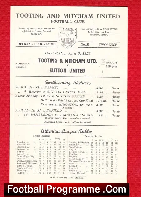 Tooting Mitcham United v Sutton United 1953 - Image 2