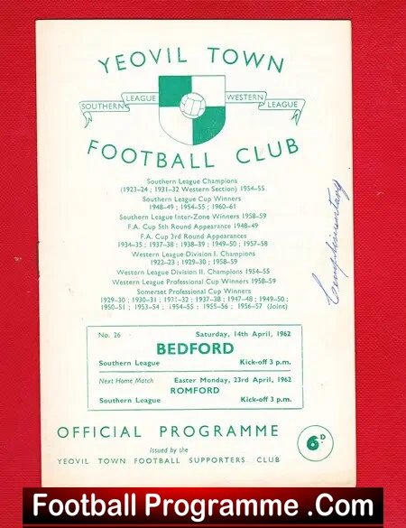 Yeovil Town v Bedford Town 1962 - Autographed Signed - Image 2