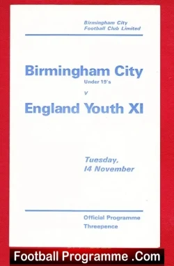 Birmingham City v England 1967 - Youth U19 Shilton - Curtis - football programme