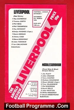 Liverpool v Middlesbrough 1976 - football programme