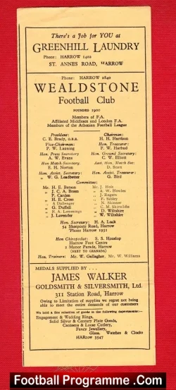 ✅Wealdstone v Walthamstow Avenue 1953 – Amateur Cup Replay Wealdstone v Walthamstow Avenue 1953 Amateur Cup Replay Football Programme .COM Football Programmes Memorabilia Football Programme .COM Football Programmes Memorabilia