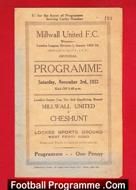 Millwall United v Cheshunt 1923 - Rare Old 1920s Programme - Image 2