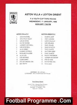 Aston Villa v Leyton Orient 1995 - FA Youth Cup - football programme