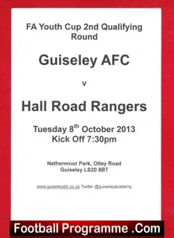 Guiseley v Hall Road Rangers 2013 - FA Youth Cup Nethermoor - football programme