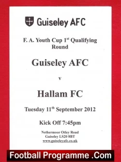 Guiseley v Hallam 2012 - FA Youth Cup Nethermoor Otley - football programme