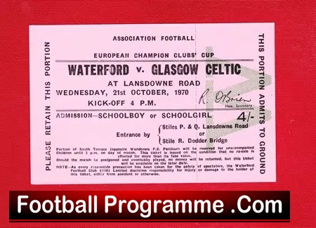 Waterford v Glasgow Celtic 1970 - European Cup Full Ticket - Image 2