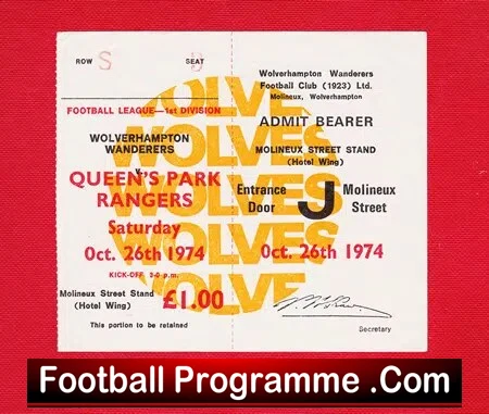 Wolves Wolverhampton v QPR 1974 - Unused Football Ticket - Image 2