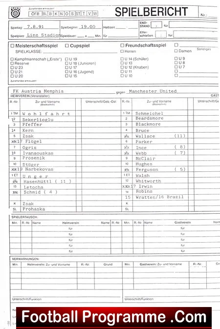 Austria Memphis v Manchester United 1991 Official Football Sheet - Image 2