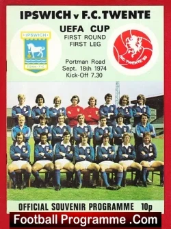 Official football programme cover for the UEFA Cup first round, Ipswich Town vs. FC Twente, Sept. 18, 1974; features a team photo.