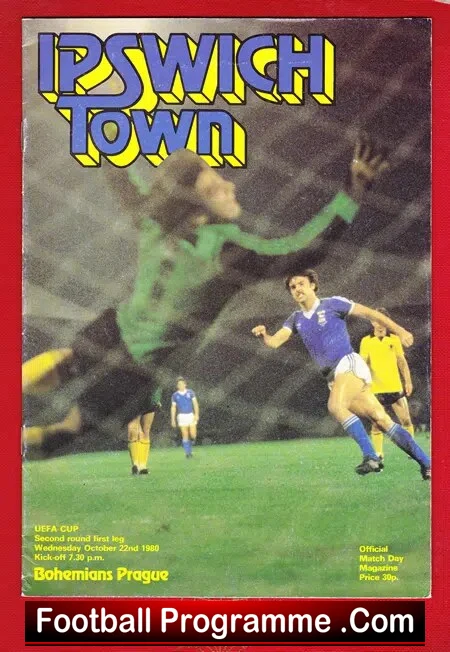 Football programme cover for Ipswich Town, with players in action on a green pitch and a bold 'Ipswich Town' logo; bottom reads 'Football Programme .Com' and notes UEFA Cup details.