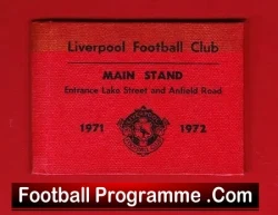 Red Liverpool Football Club program cover for the Main Stand, 1971–1972, with crest and entrance details.