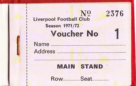 Vintage Liverpool FC voucher stub from the 1971/72 season, with 'Voucher No 1' and fields for name, address, and Main Stand seating (Row/Seat).