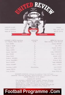 Football programme cover titled United Review Official Programme with two players in vintage kit posing around a football, 'Football Programme .Com' at bottom.