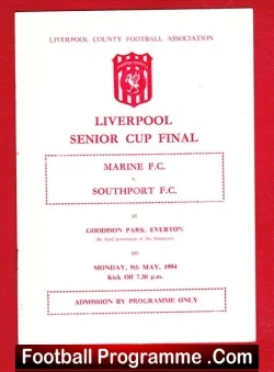 Cover of a Liverpool Senior Cup Final football programme for Marine FC vs Southport FC, held at Goodison Park, Everton; admission by programme only.