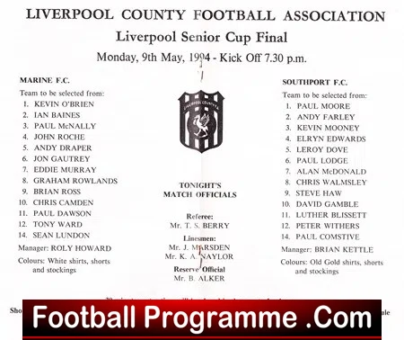 Liverpool Senior Cup Final programme page (9 May 1994) showing team lineups for Marine F.C. and Southport F.C., crest in center, and match officials including referee.