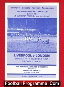 Front cover of a vintage football programme: Liverpool v London, 11 November 1991, at Goodison Park (The Ovenden Challenge Cup).