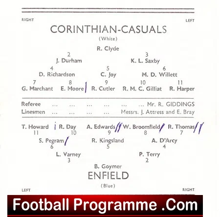 Football programme page for a match between Corinthian-Casuals (White) and Enfield (Blue), showing lineups with player names by number, plus referee and linesmen sections.