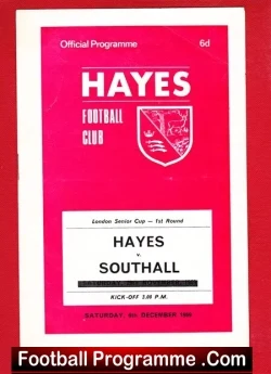 Hayes Football Club official programme cover in bright pink with the club crest and the Hayes vs Southall match details.