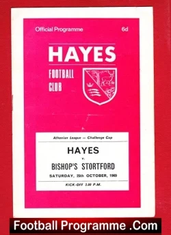 Front cover of a pink Hayes Football Club official programme with crest, for Hayes vs Bishop's Stortford, 25 October 1969, 3:00 PM.