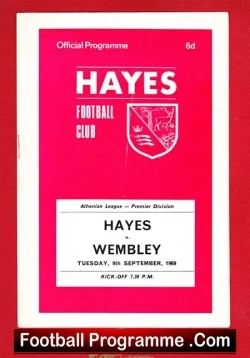 Hayes Football Club official programme cover with crest, announcing a Hayes vs Wembley match; bottom shows FootballProgramme.com.