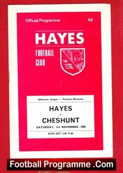 Red Hayes Football Club official programme cover with club crest and match details Hayes vs Cheshunt (Cheshunt), 1969,