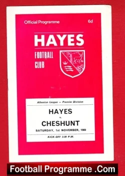 Red Hayes Football Club programme cover with club crest; Hayes vs Cheshunt, Saturday 11 November 1989, kick-off 3 PM.