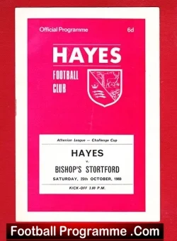 Red Hayes Football Club programme cover featuring club crest and match details for Hayes vs Bishop's Stortford on Oct 25, 1969 (Official Programme).