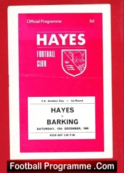 Pink Hayes Football Club official programme cover for the FA Amateur Cup final, Hayes vs Barking, Saturday 11 December 1965, kickoff 1 PM.