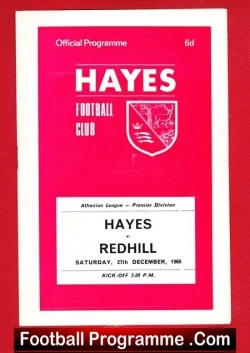 Red Hayes Football Club programme cover with crest; inner white ticket shows Hayes vs Redhill, December 1965.