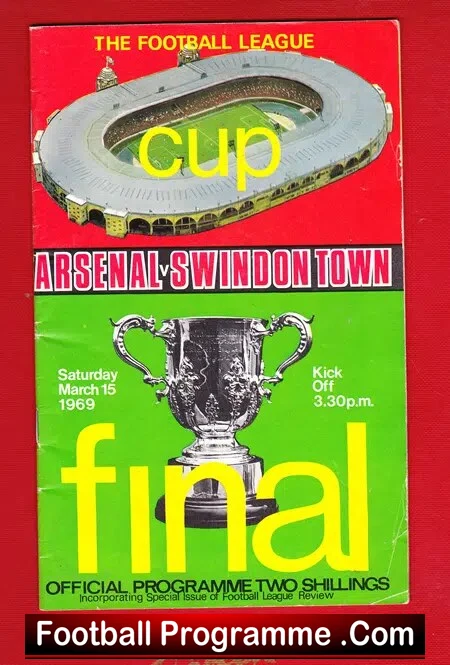 Vintage football final programme cover showing Arsenal vs Swindon Town, cup final, 1969 with a silver trophy image and 'final' text prominently displayed.