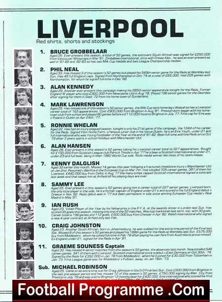 Liverpool football program page with player bios and small portraits along the left side.