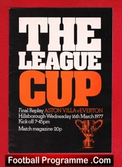 Poster-style football programme cover for 'The League Cup' with bold white and orange text on a black panel, red border, and a small trophy image; bottom reads 'Football Programme .Com'.