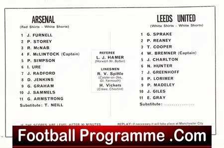 Football programme page for Arsenal vs Leeds United showing lineups, substitutes, referee and linesmen, with a 'Football Programme' watermark.
