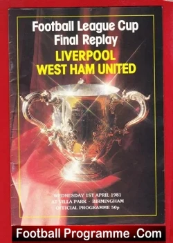 Football League Cup Final Replay programme cover: Liverpool vs West Ham United with trophy image on a dark background.