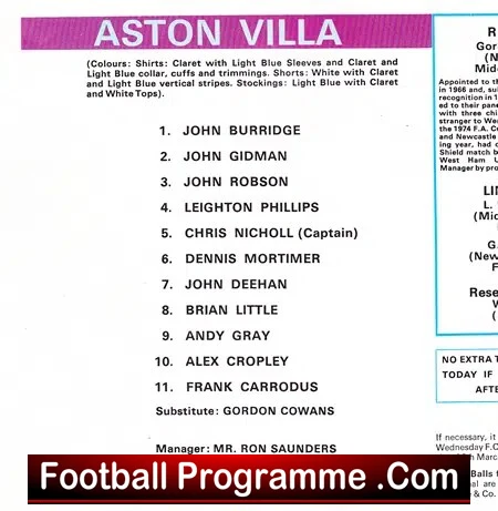 A page from an Aston Villa football programme listing the starting lineup with captain Chris Nicholl, substitute Gordon Cowans, and manager Ron Saunders.