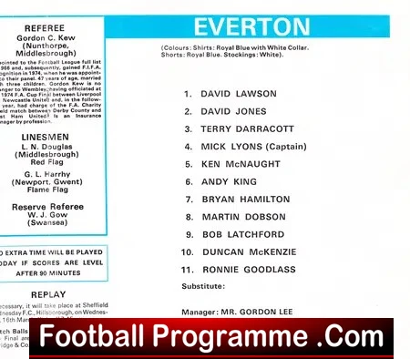 Everton football programme page showing starting XI: Lawson, Jones, Darracott, Lyons (captain), McNaught, King, Hamilton, Dobson, Latchford, McKenzie, Goodlass; Manager Gordon Lee.