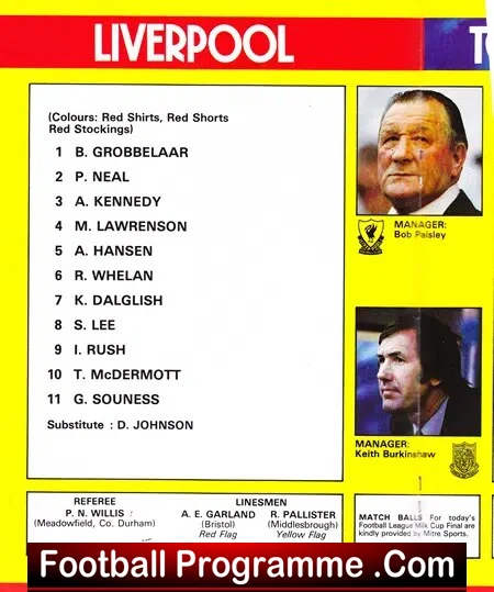 Liverpool football program page showing a numbered lineup and substitutes list, with two manager portraits and match officials.