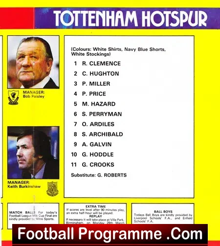 Tottenham Hotspur football programme cover on a bright yellow page, with two manager portraits and a central white lineup box with names.