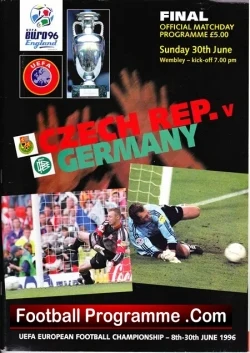 Euro 1996 programme cover for Czech Republic vs Germany with action photo, Wembley details, and logos.