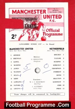 Vintage Manchester United football programme cover showing 'Official Programme' and team lineups.
