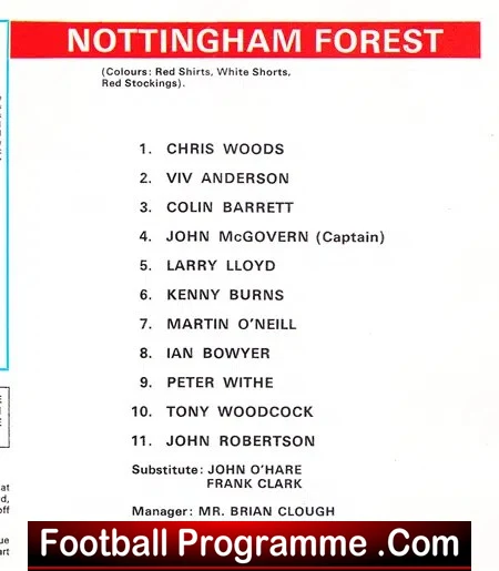 Nottingham Forest lineup page: starting XI Woods, Anderson, Barrett, McGovern (capt), Lloyd, Burns, O’Neill, Bowyer, Withe, Woodcock, Robertson; manager Brian Clough.