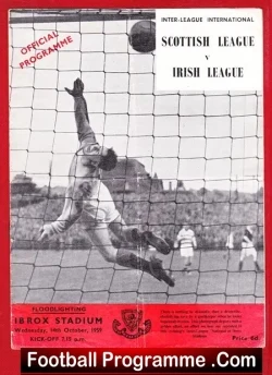 Vintage football programme cover showing a goalkeeper diving to save a shot, with Official Programme text and Scottish/Irish Leagues.