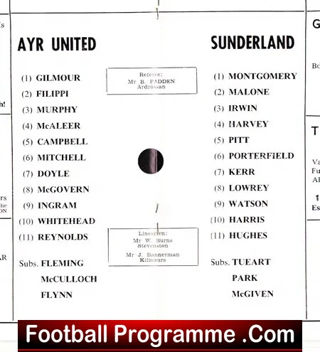 Old football programme page showing Ayr United vs Sunderland lineups, with listed players, substitutes, center circle, and referee boxes.