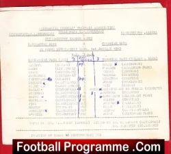 Scan of a football programme page listing match details and team lineups.