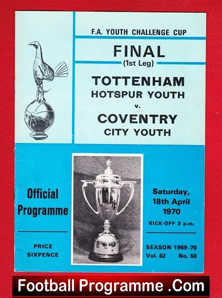 Official programme cover for F.A. Youth Challenge Cup final: Tottenham Hotspur Youth vs Coventry City Youth, 18 April 1970, kick-off 3 p.m.