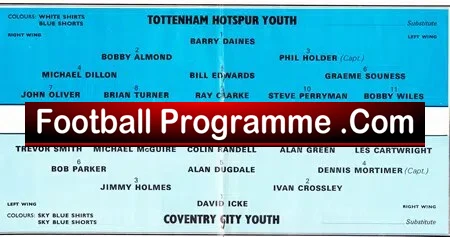 Front cover of a youth football programme listing players for Tottenham Hotspur Youth and Coventry City Youth, with a red banner reading FootballProgramme.Com across the middle.