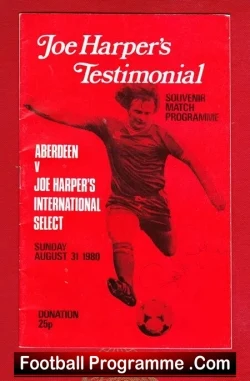 Red football programme cover for Joe Harper's Testimonial, showing a player kicking a ball with text about Aberdeen v Joe Harper's International Select, Aug 31, 1968