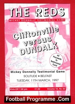 Football programme cover for Cliftonville vs Dundalk Mickey Donnelly Testimonial Game, titled 'THE REDS', dated March 11, 1997.
